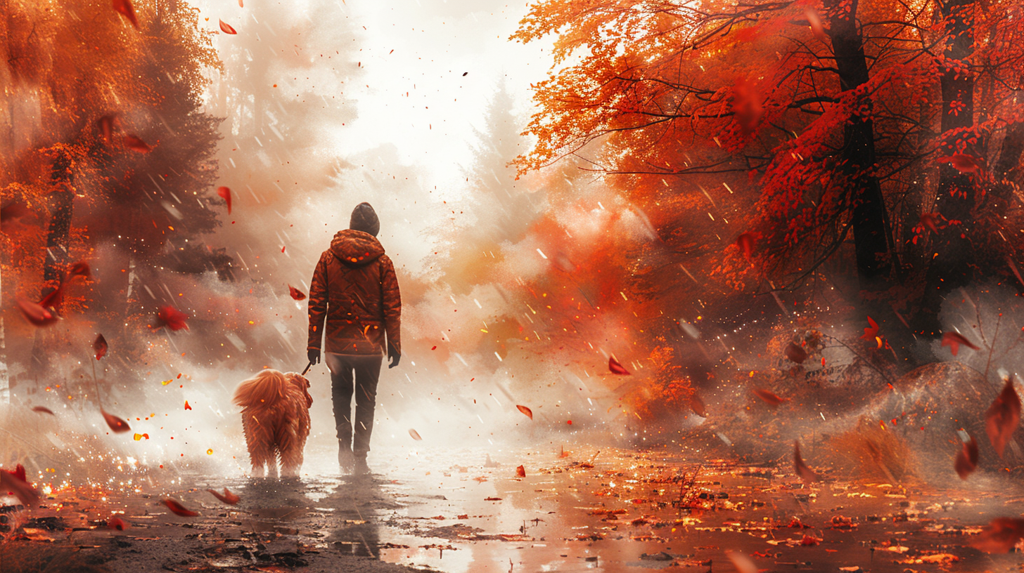 A family member walking with their golden companion through autumn light