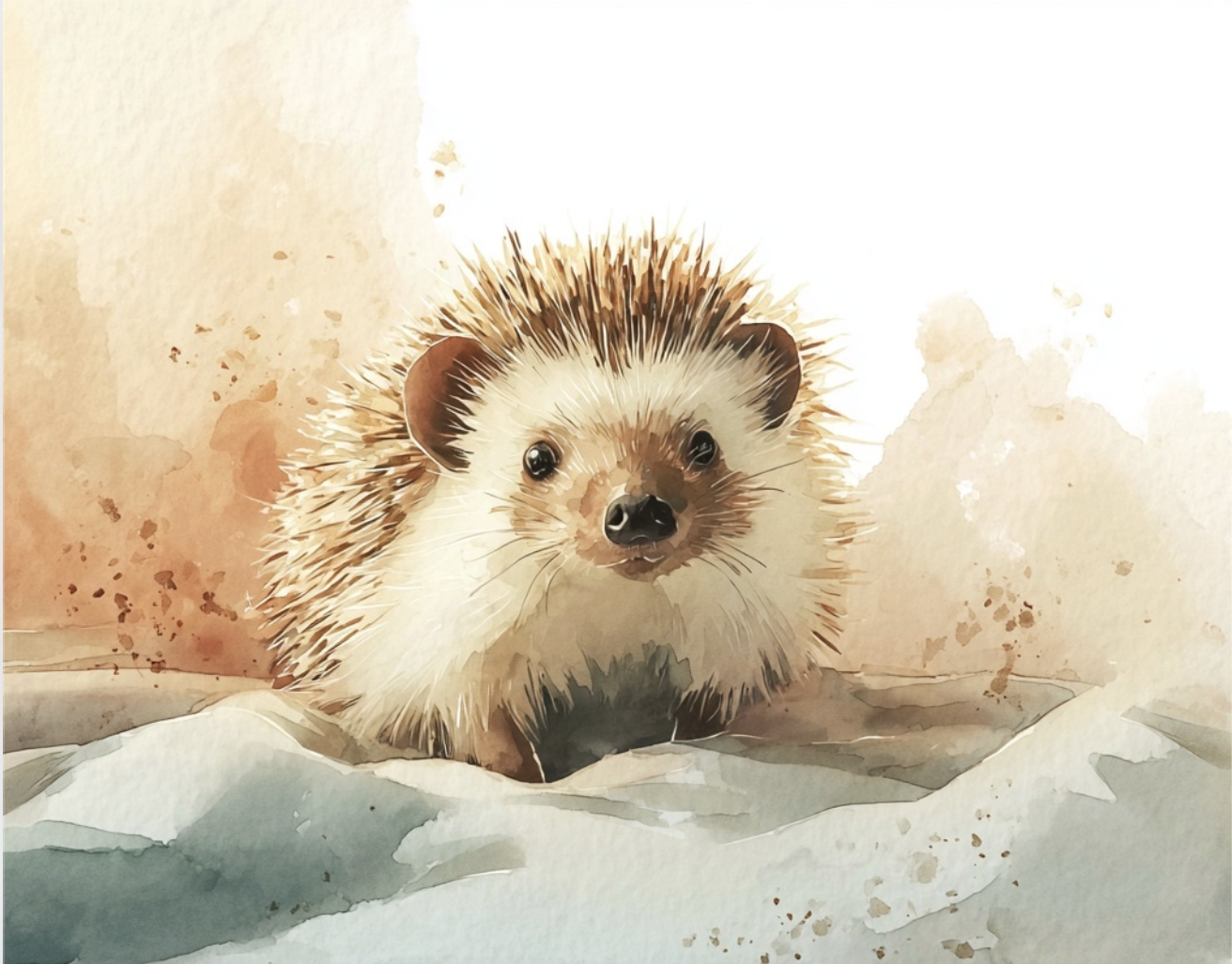 Watercolor of a hedgehog among soft grasses